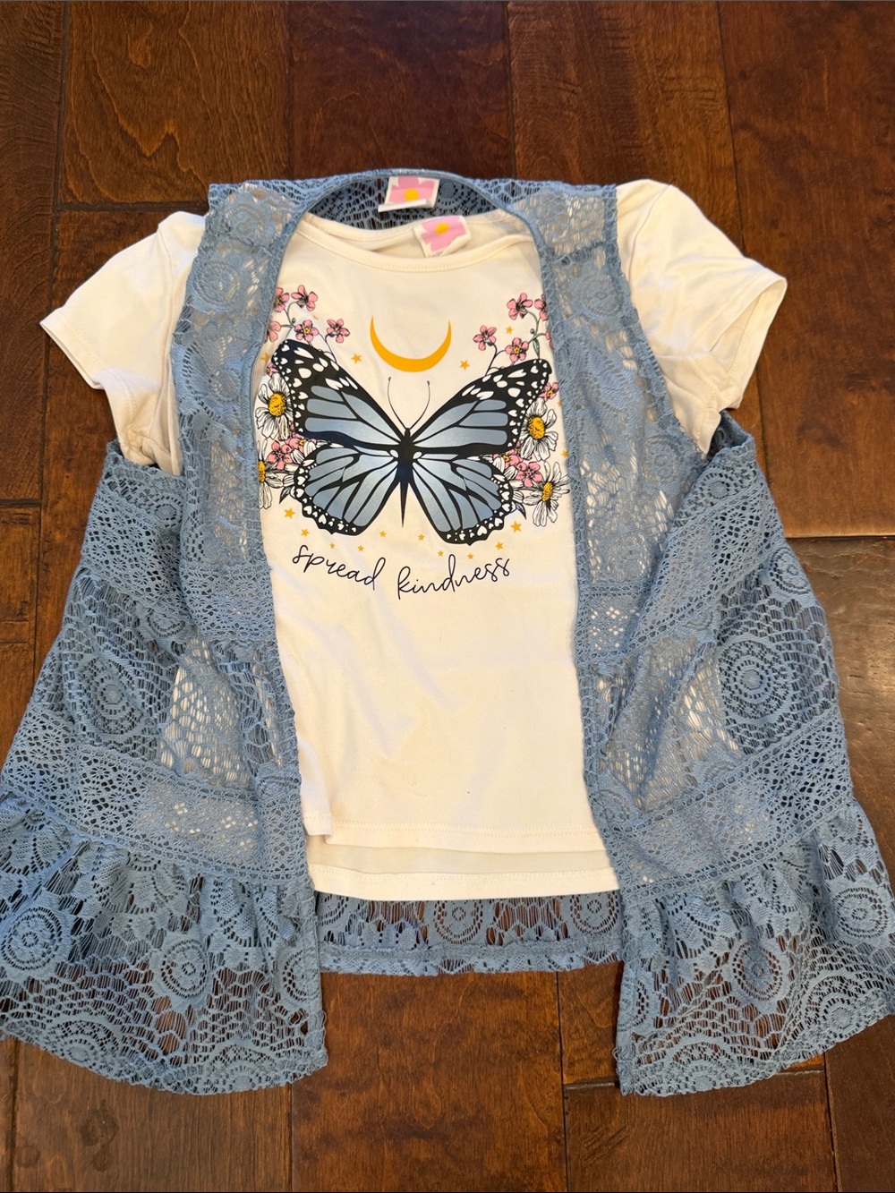 Belle Du Jour Girls White Tee with Blue Butterfly and Light Blue Lace Vest